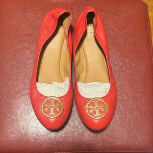 Tory Burch Red Leather Flats with Gold Logo